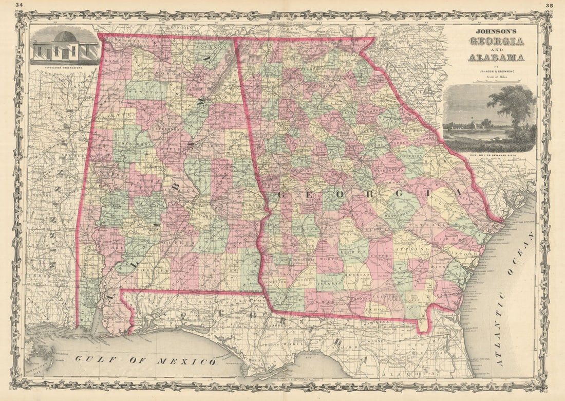 Johnson's Georgia & Alabama. US state map showing counties 1861 old (1 of 1)