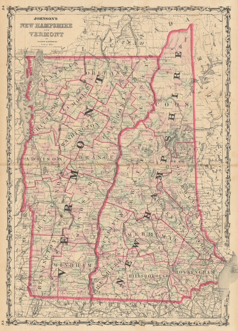 Johnson's New Hampshire & Vermont. US State map showing counties 1861 old (1 of 1)