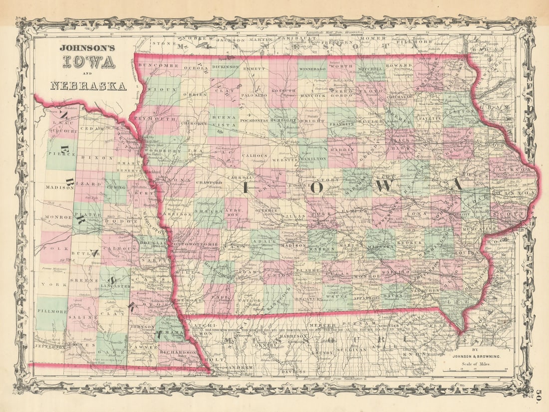 Johnson's Iowa & Nebraska. US state map showing counties 1861 old antique (1 of 1)