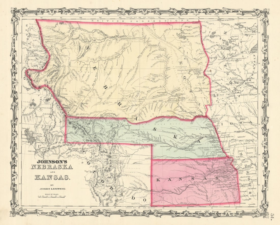 Johnson's Nebraska [Territory] & Kansas. Montana Dakota Wyoming 1861 old map (1 of 1)