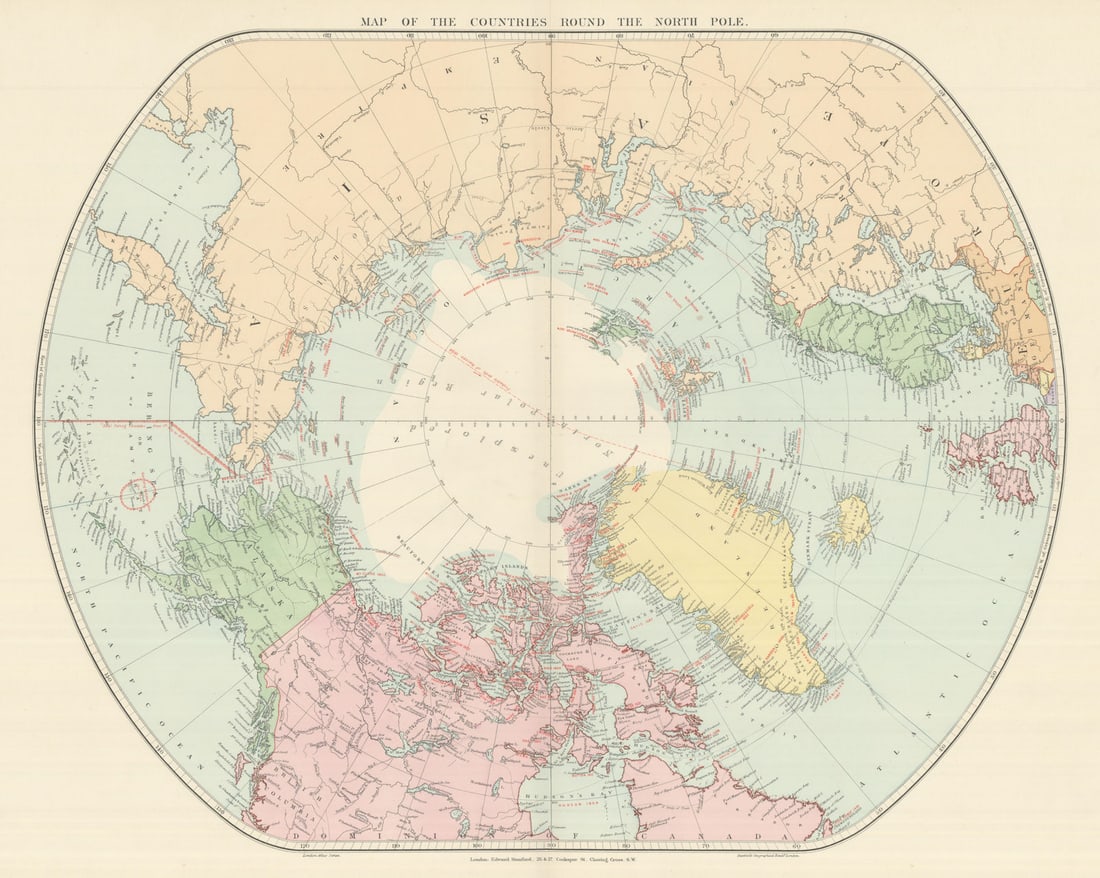 Arctic Regions. North Pole. Explorers' routes dates. Nansen. STANFORD 1894 map (1 of 1)
