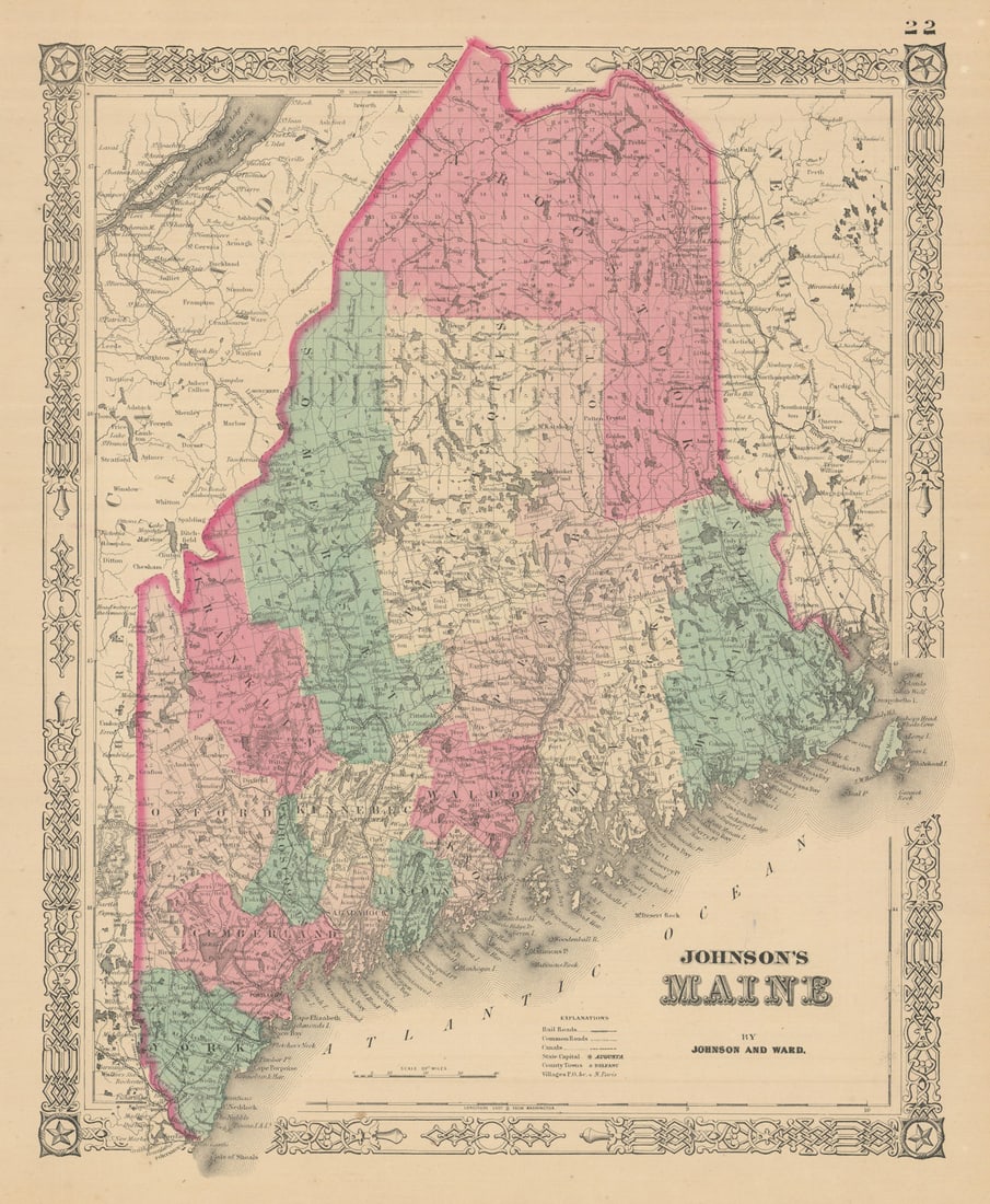 Johnson's Maine. US State map showing counties 1866 old antique plan chart (1 of 1)