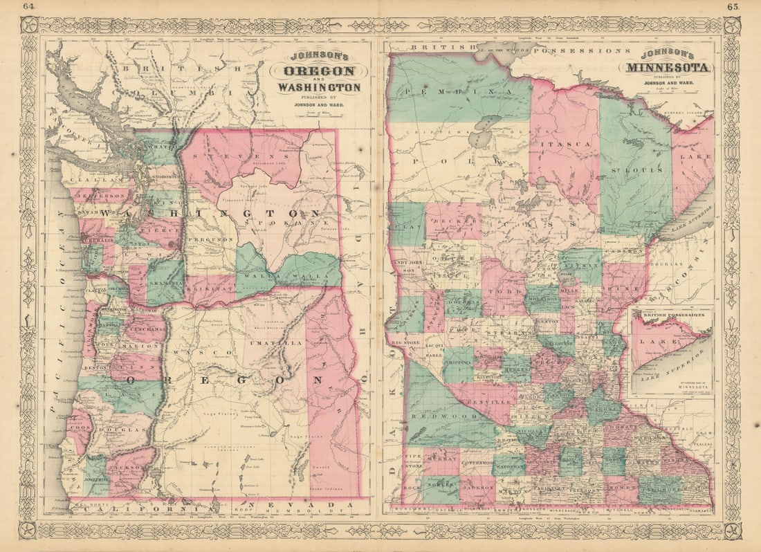 Johnson's Oregon, Washington & Minnesota. US state map showing counties 1866 (1 of 1)