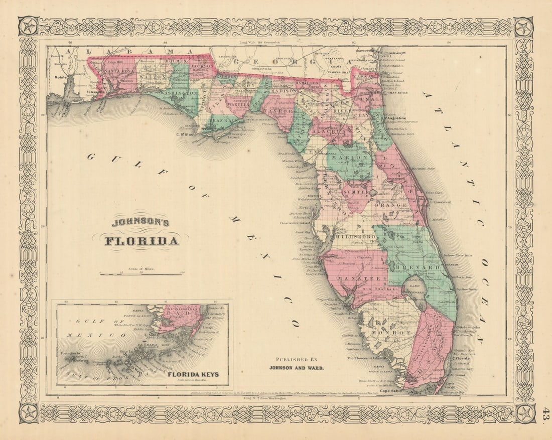 Johnson's Florida. Florida Keys. US state map showing counties 1866 old: Title: Johnson's Florida. Florida Keys. US state map showing counties 1866 old Description: Johnson's Florida // Florida Keys' by Johnson, Alvin Jewett. Published 1866. Large, decorative hand coloured