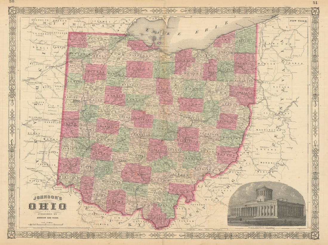 Johnson's Ohio. US state map showing counties 1866 old antique plan chart (1 of 1)