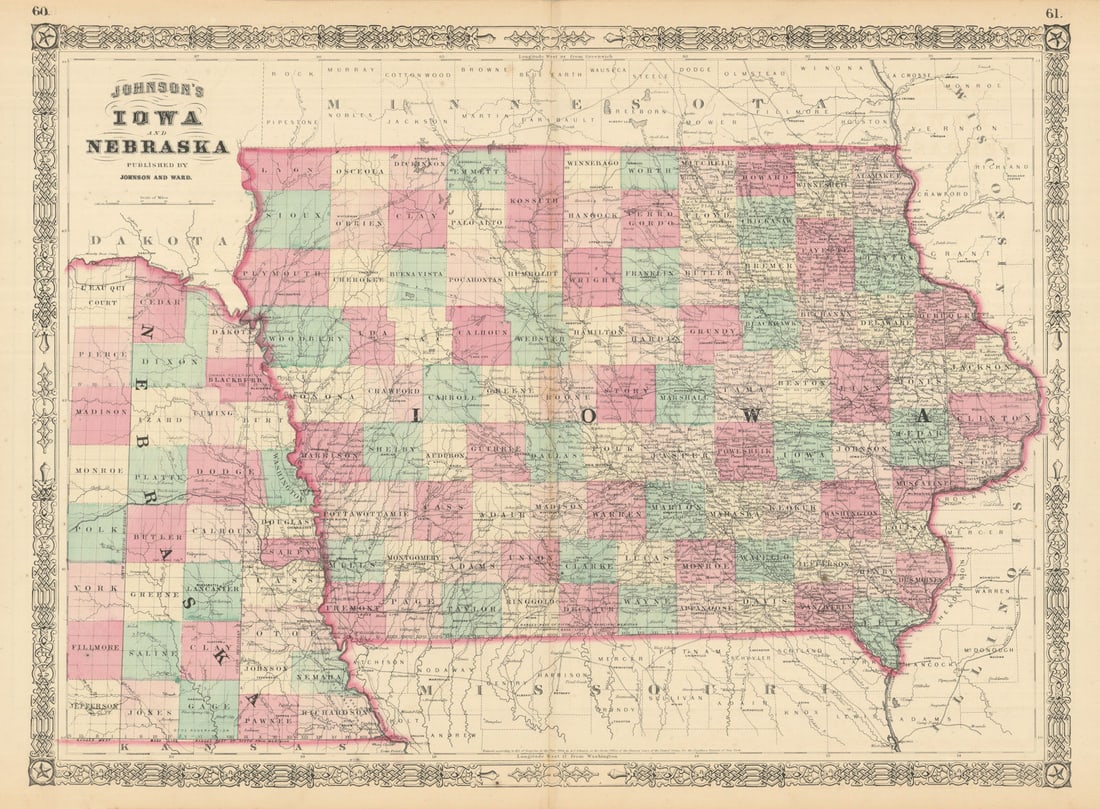 Johnson's Iowa & Nebraska. US state map showing counties 1866 old antique (1 of 1)