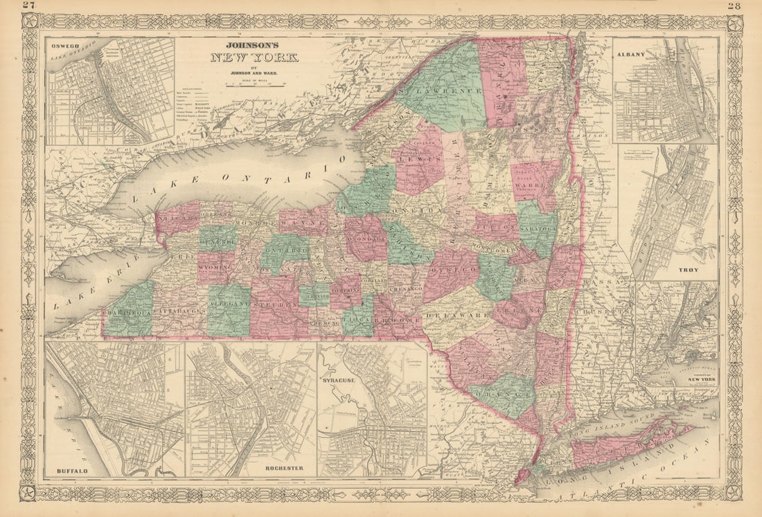 Johnson's New York state map. Albany Troy Rochester Buffalo Syracuse 1866 (1 of 1)