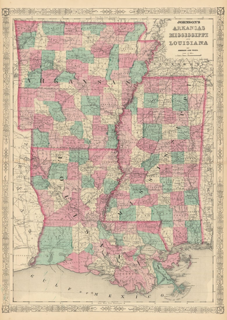 Johnson's Arkansas, Mississippi & Louisiana showing counties/parishes 1866 map (1 of 1)