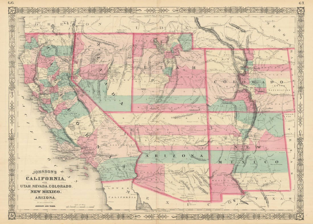 Johnson's California with Utah, Nevada, Colorado, New Mexico & Arizona 1866 map (1 of 1)
