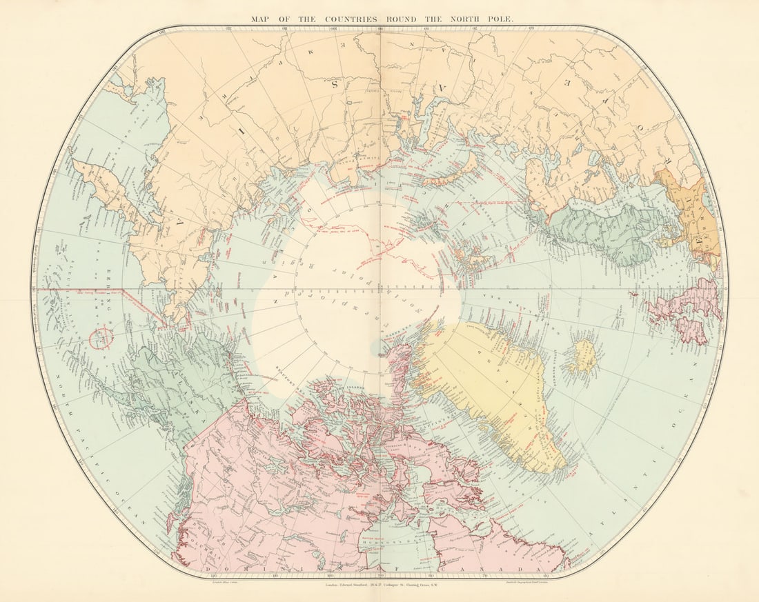 Arctic Regions. North Pole. Explorers' routes dates. Nansen. STANFORD 1896 map (1 of 1)