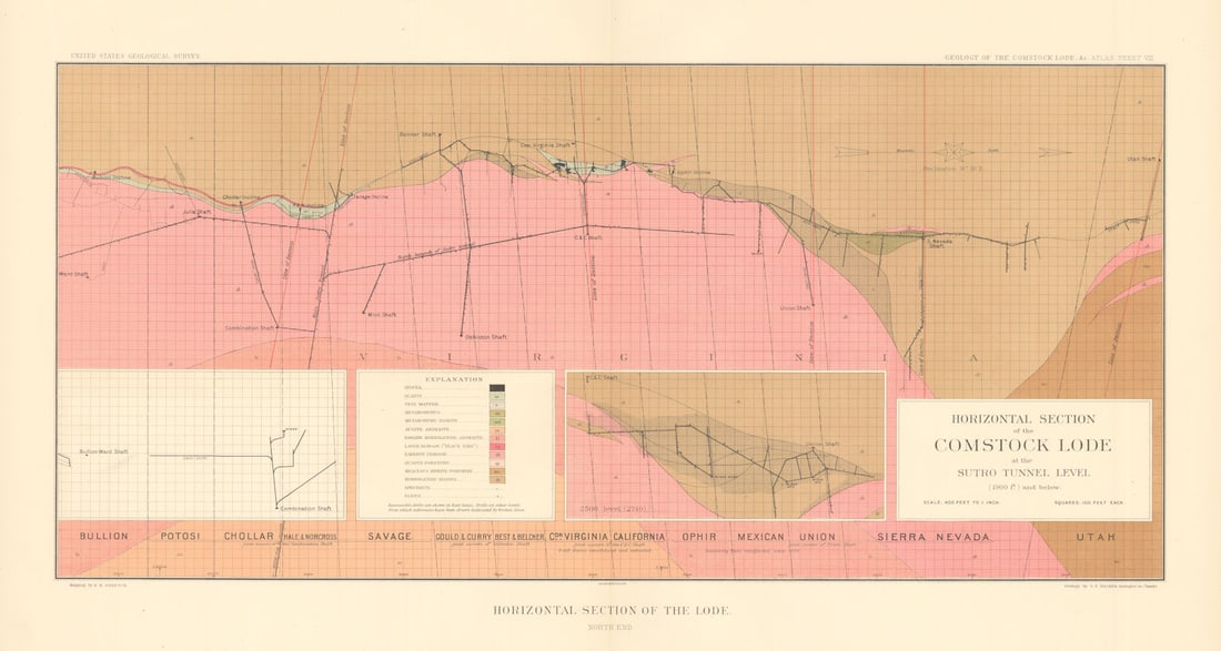Comstock Silver Lode Horizontal section at the Sutro Tunnel, North end 1882 map (1 of 1)
