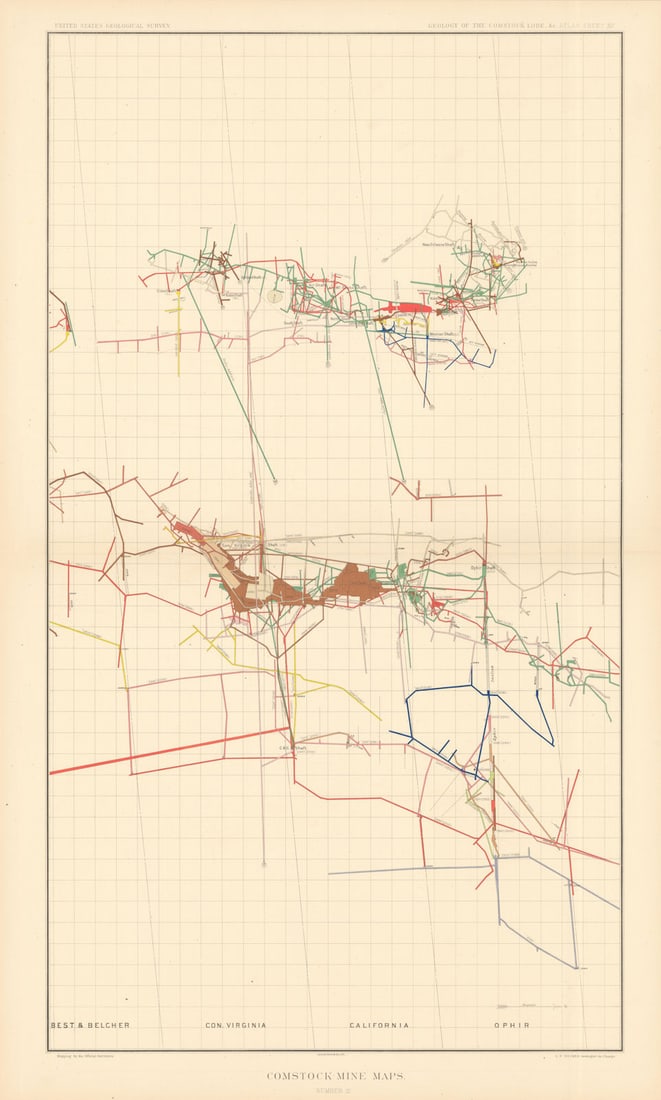Comstock Silver Lode Mine Map 3 Ophir California Con. Virginia Best/Belcher 1882 (1 of 1)