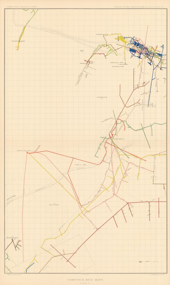 Comstock Silver Lode Mine Map 7 Segr. Belcher Overman Caledonia New York 1882 (1 of 1)