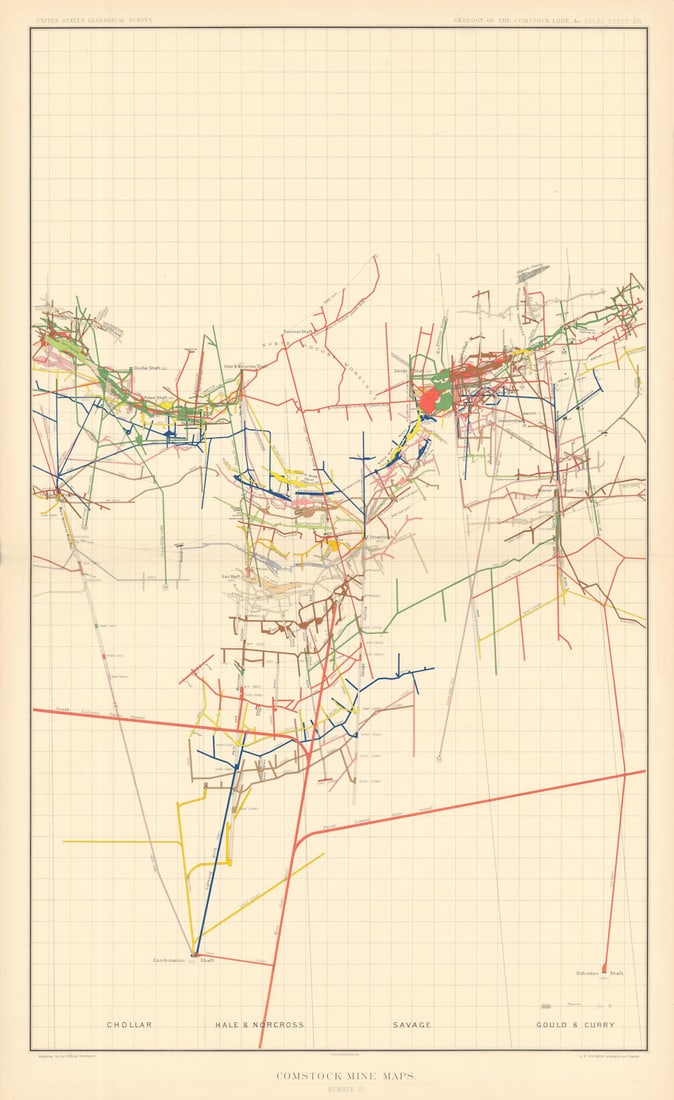 Comstock Silver Lode Mine Map 4 Gould/Curry, Savage, Hale/Norcross, Chollar 1882 (1 of 1)