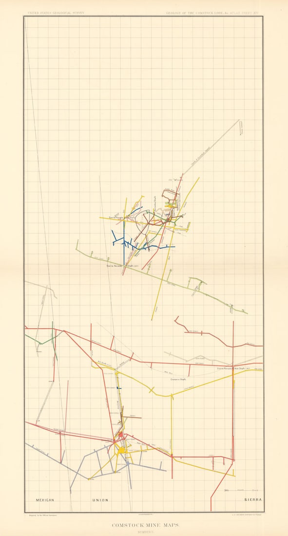 Comstock Silver Lode Mine Map 2 Sierra Nevada, Union, Mexican. BECKER 1882 (1 of 1)