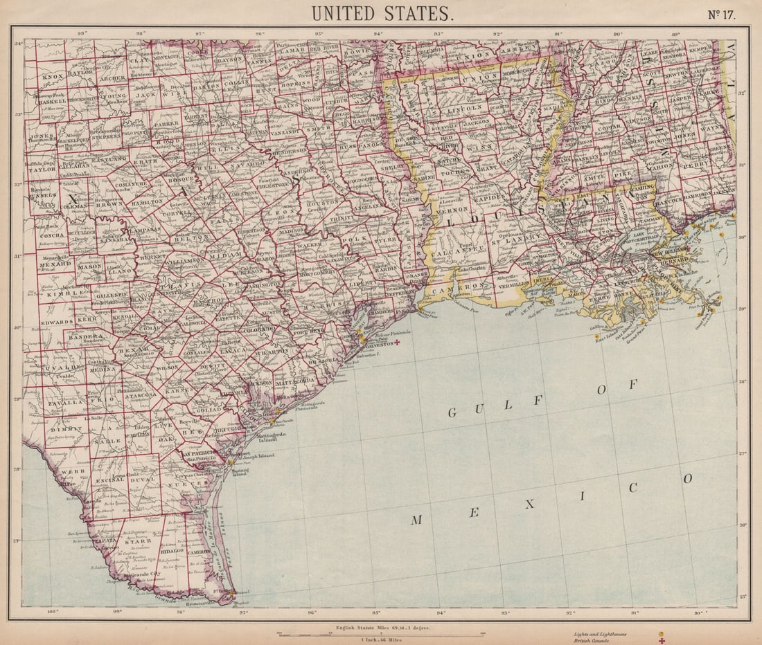 US GULF COAST. Texas Louisiana Mississippi. Lighthouses Consuls. LETTS 1889 map (1 of 1)