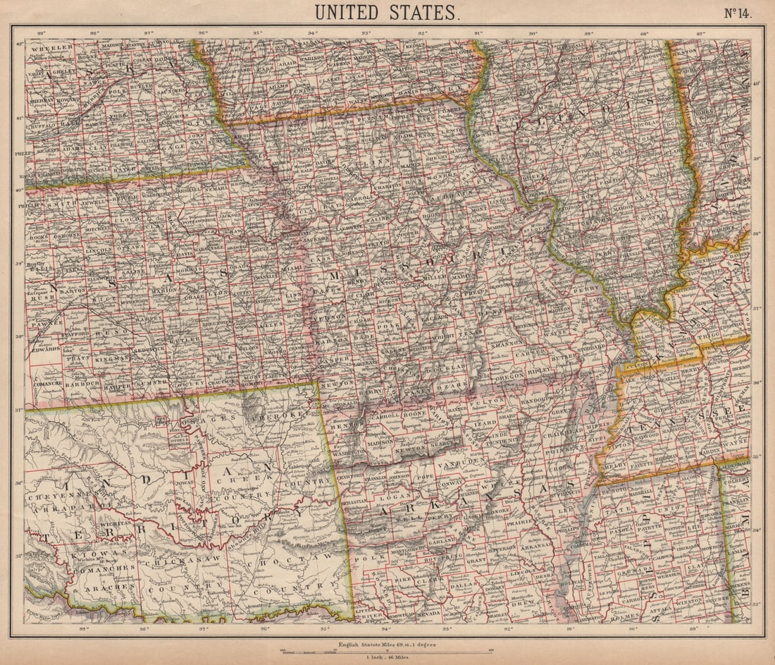 MISSOURI IL AR. INDIAN TERRITORY native American tribal reserves. LETTS 1889 map (1 of 1)
