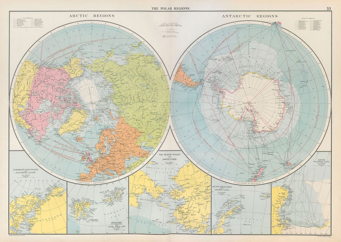 Polar Regions. Arctic/Antarctic sea chart. Steamer routes. LARGE 1952 old map (1 of 1)