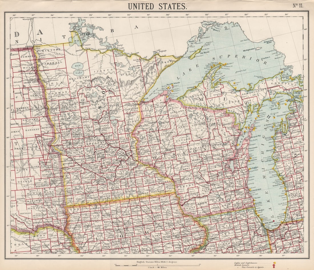 US MIDWEST Lake Michigan Superior Wisconsin Minnesota. Railroads. LETTS 1889 map (1 of 1)