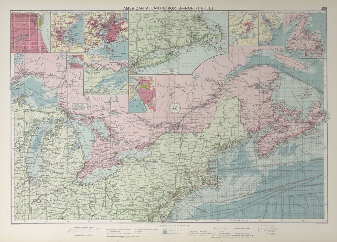 US Canada Atlantic & Great Lakes ports sea chart. Lighthouses &c LARGE 1927 map (1 of 1)