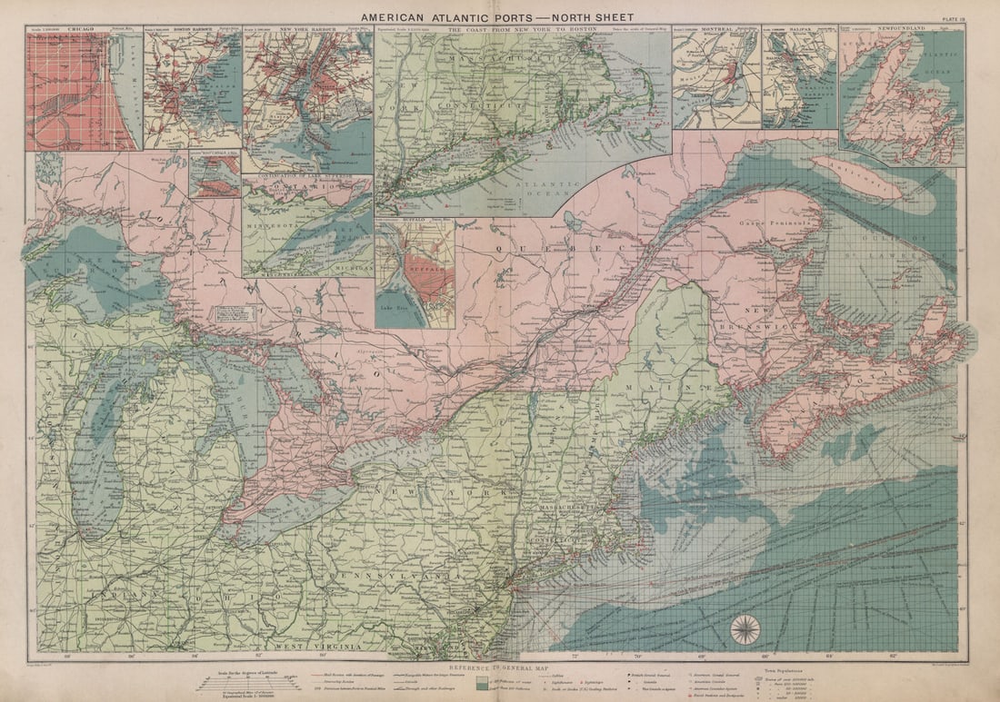 US Canada Atlantic & Great Lakes ports sea chart. Lighthouses &c LARGE 1916 map (1 of 1)