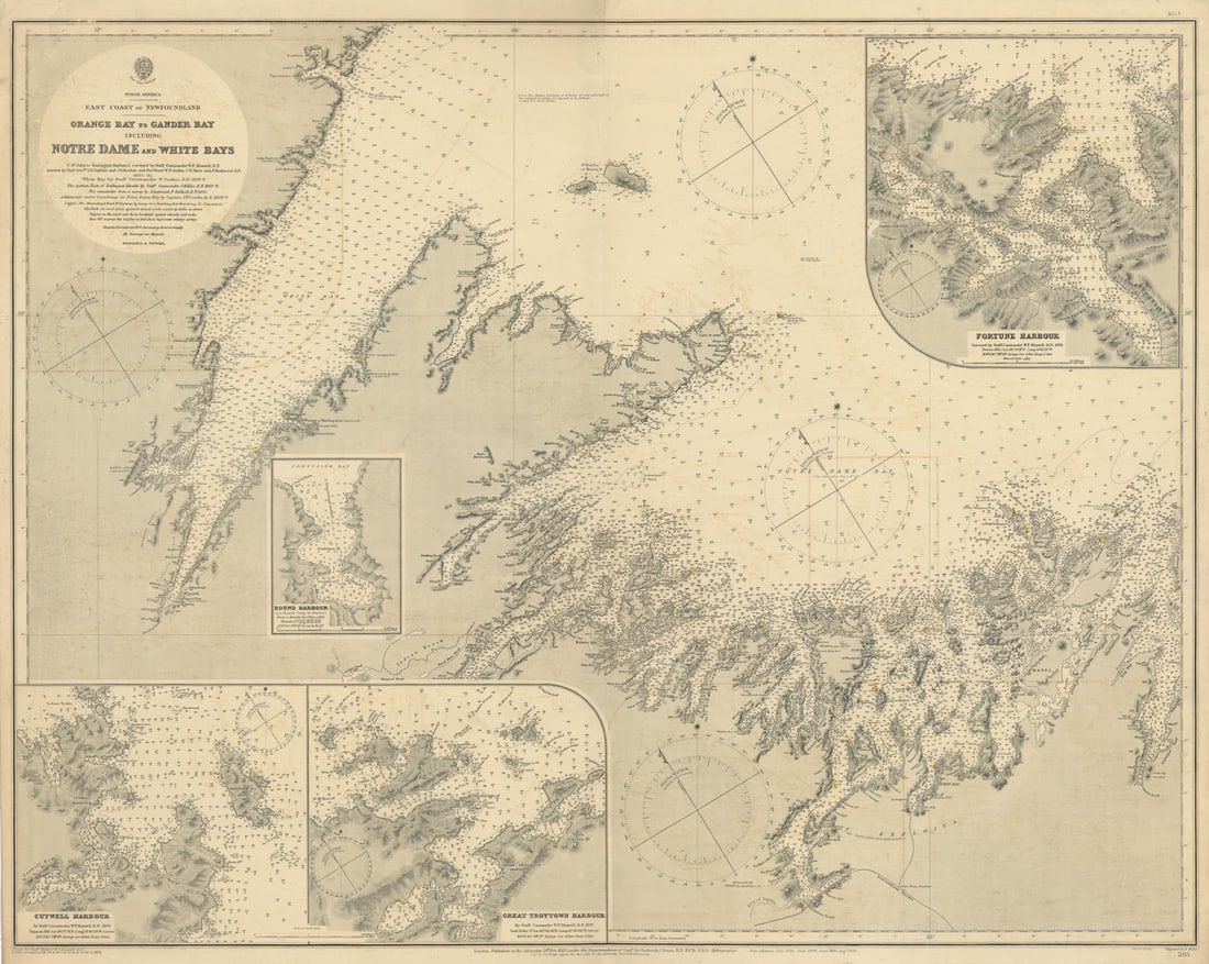 Newfoundland coast. Orange Bay-Gander Bay. ADMIRALTY sea chart 1883 (1911) map (1 of 1)