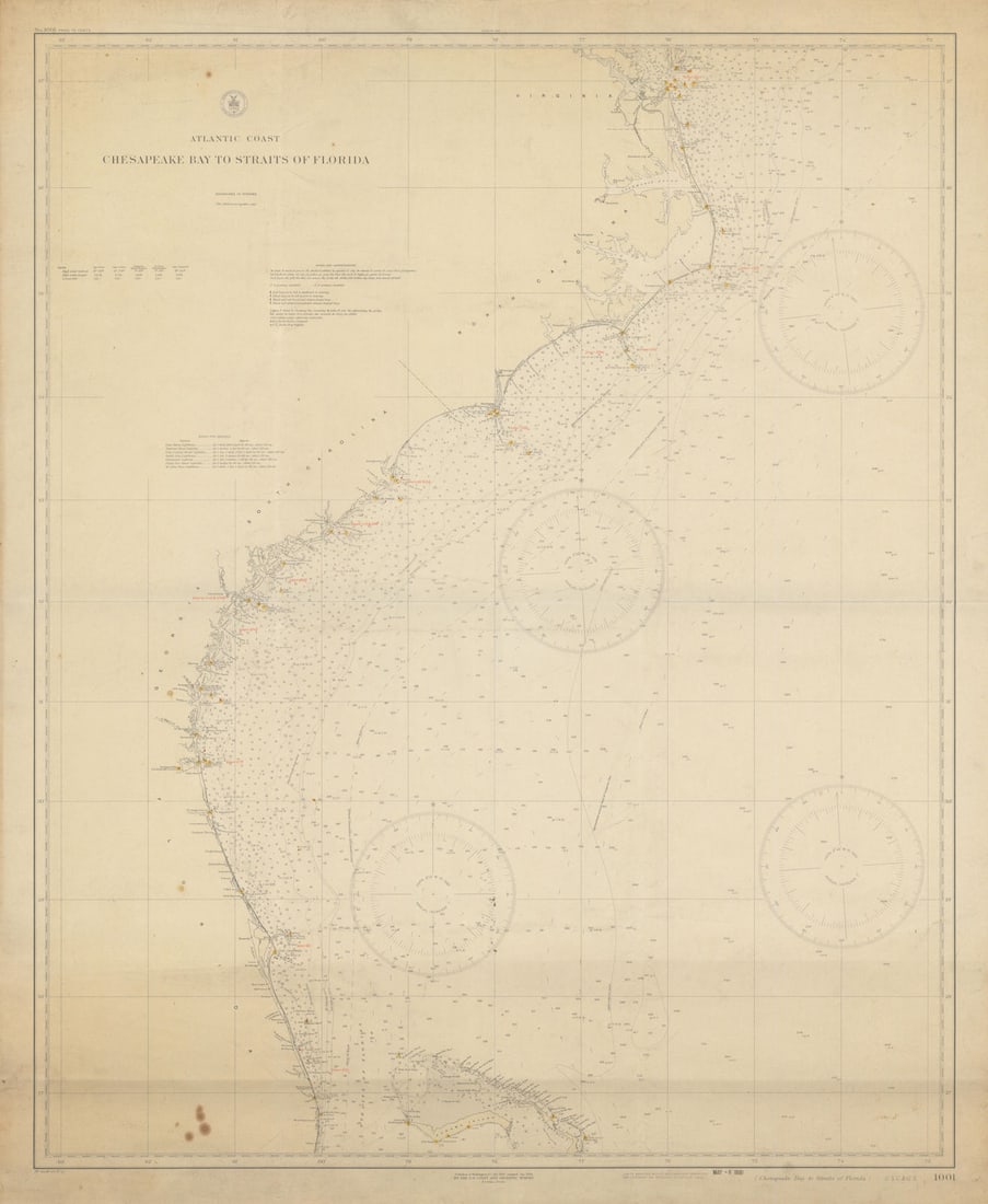 USA Atlantic Coast Chesapeake Bay-Florida Strait USCGS sea chart 1928 (1930) map: Title: USA Atlantic Coast Chesapeake Bay-Florida Strait USCGS sea chart 1928 (1930) map Description: Atlantic Coast - Chesapeake Bay to Straits of Florida'. U.S. Coast and Geodetic Survey, R.S. Patton