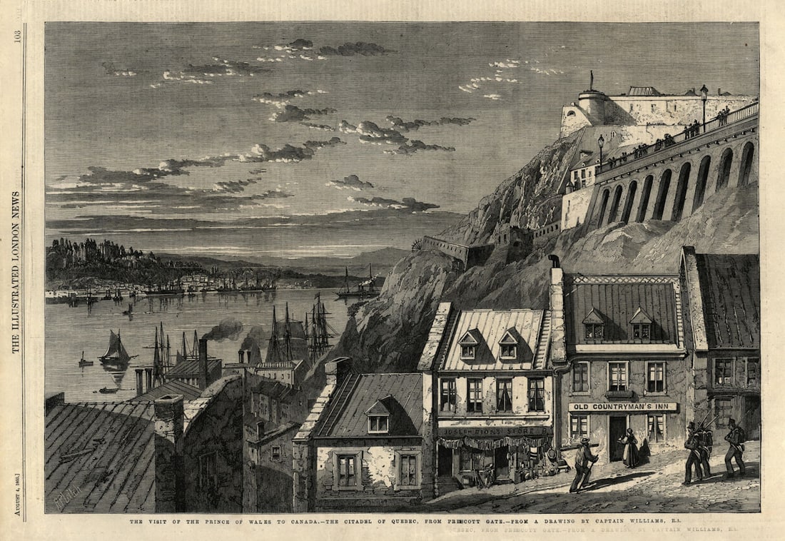 The citadel of Quebec, from Prescott Gate 1860 old antique print picture: Title: The citadel of Quebec, from Prescott Gate 1860 old antique print picture Description: The visit of the Prince of Wales to Canada - the citadel of Quebec, from Prescott Gate'. Drawn by Captain