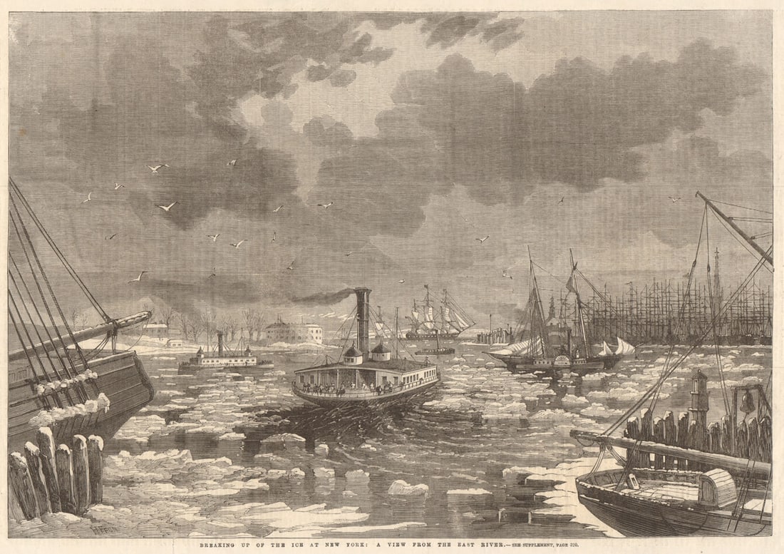 Breaking up of the ice at New York: a view from the East River 1862 old print: Title: Breaking up of the ice at New York: a view from the East River 1862 old print Description: Breaking up of the ice at New York: a view from the East River' by Illustrated London News. Published