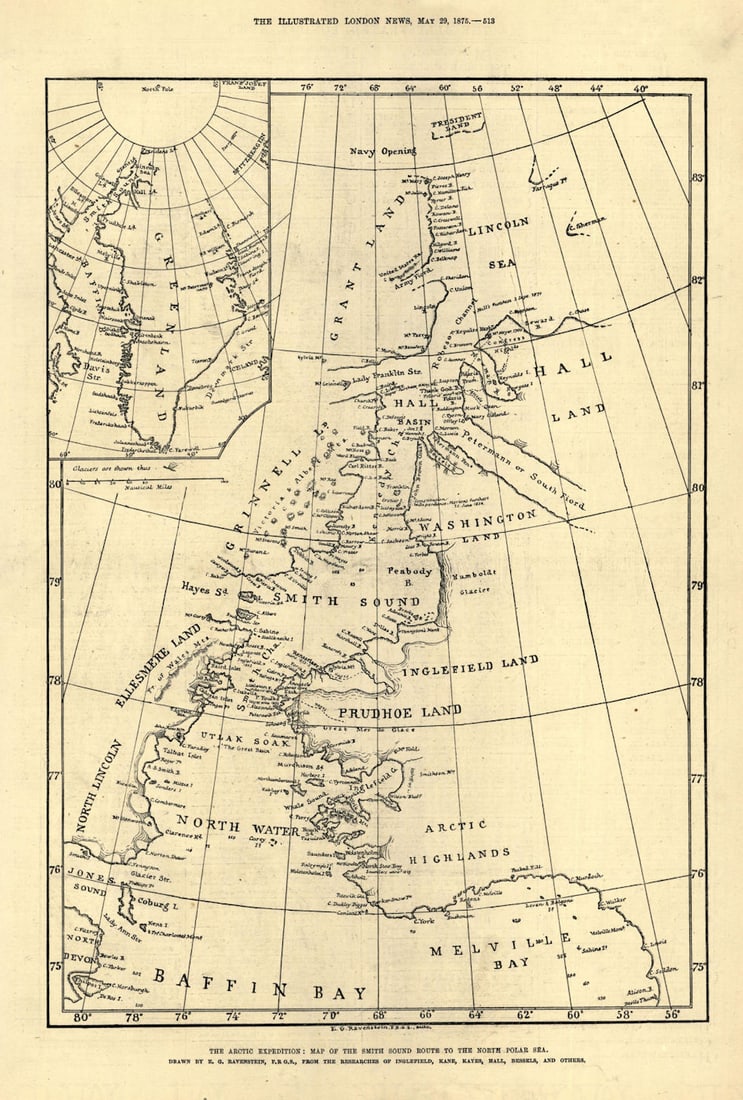 The Arctic expedition: Smith Sound route to the North Polar Sea 1875 old map: Title: The Arctic expedition: Smith Sound route to the North Polar Sea 1875 old map Description: The Arctic expedition: map of the Smith Sound route to the North Polar Sea'. Drawn by E.G. Ravenstein