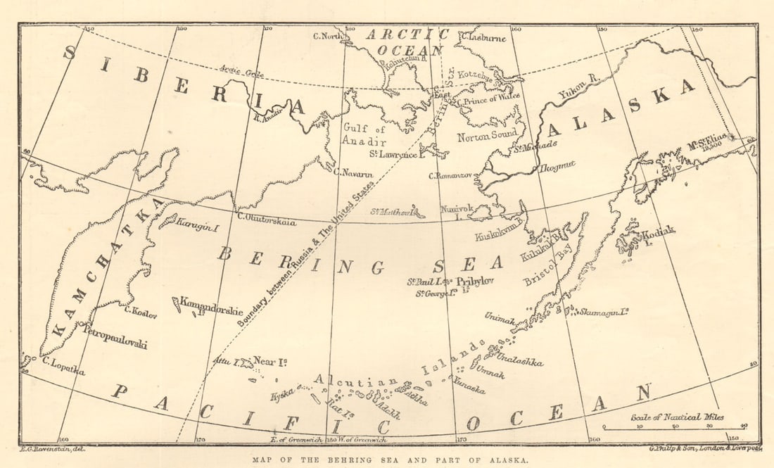 Map of the Behring Sea & part of Alaska 1891 old antique plan chart: Title: Map of the Behring Sea & part of Alaska 1891 old antique plan chart Description: Map of the Behring Sea and part of Alaska' by Illustrated London News. Published 17 January 1891. Antique