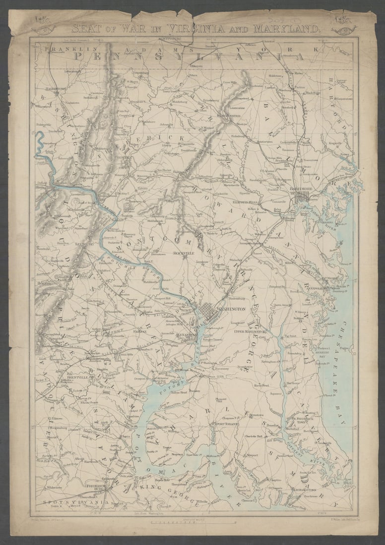 US CIVIL WAR Seat of War in Virginia & Maryland. DC Baltimore. WELLER 1863 map: Title: US CIVIL WAR Seat of War in Virginia & Maryland. DC Baltimore. WELLER 1863 map Description: Seat of War in Virginia and Maryland'. A detailed map of Washington DC, Eastern Maryland and
