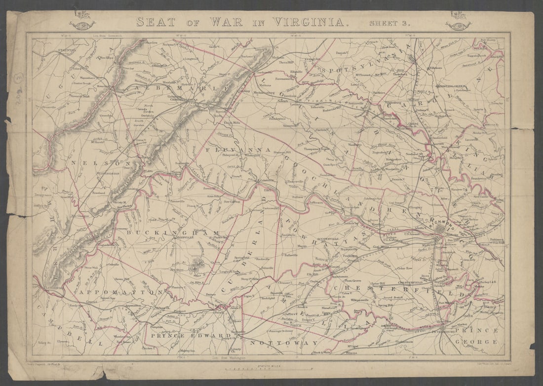 US CIVIL WAR Seat of War in Virginia sheet 3 Richmond Lynchburg. WELLER 1863 map: Title: US CIVIL WAR Seat of War in Virginia sheet 3 Richmond Lynchburg. WELLER 1863 map Description: Seat of War in Virginia sheet 3'. This detailed map covers part of Civil War Virginia between