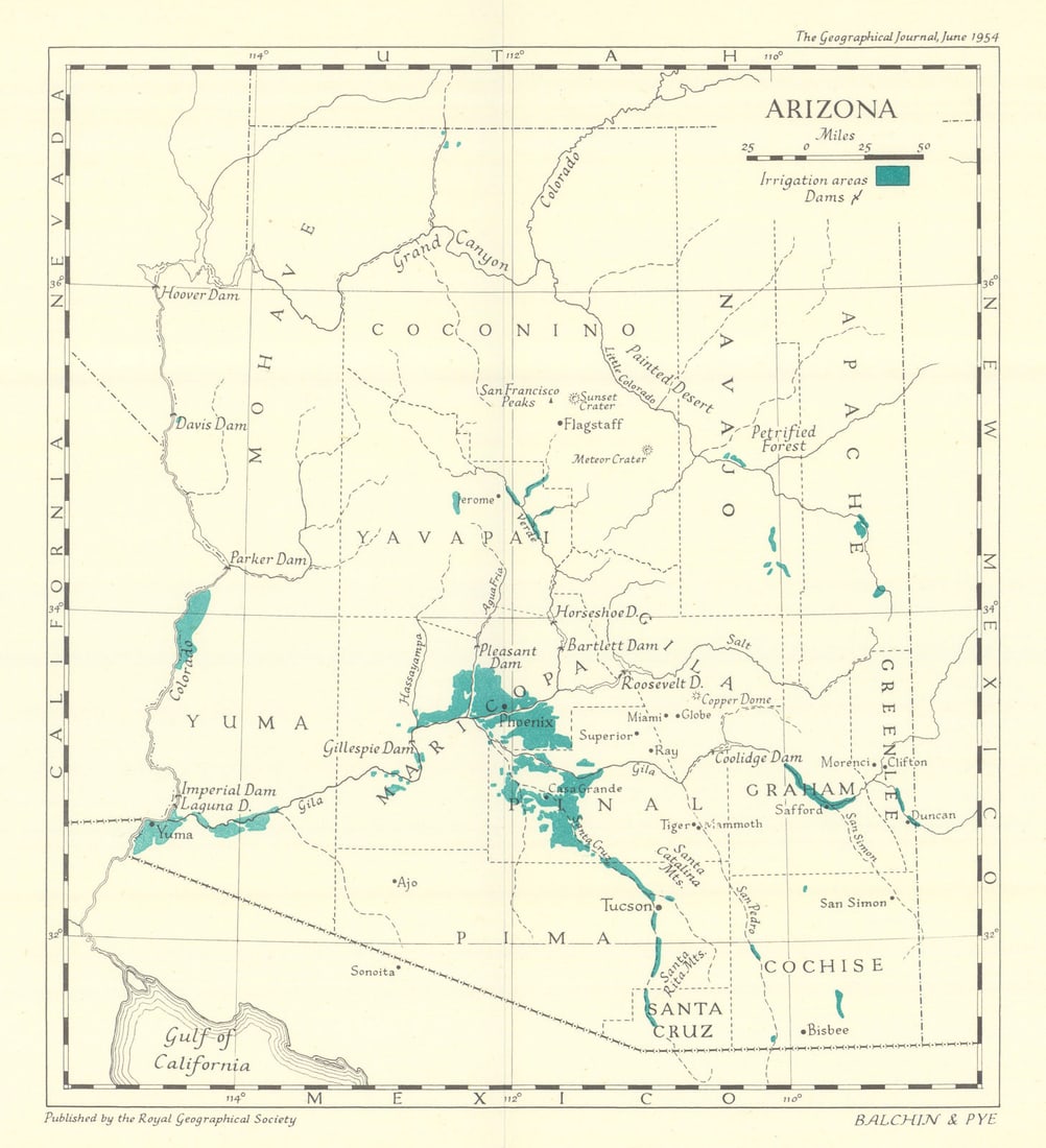 Arizona irrigation areas & dams. RGS/Balchin & Pye 1954 old vintage map chart (1 of 1)