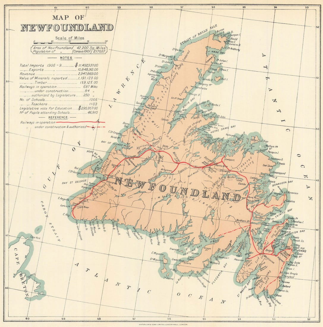 Map of Newfoundland showing railways by Waterlow & Sons 1919 old antique (1 of 1)