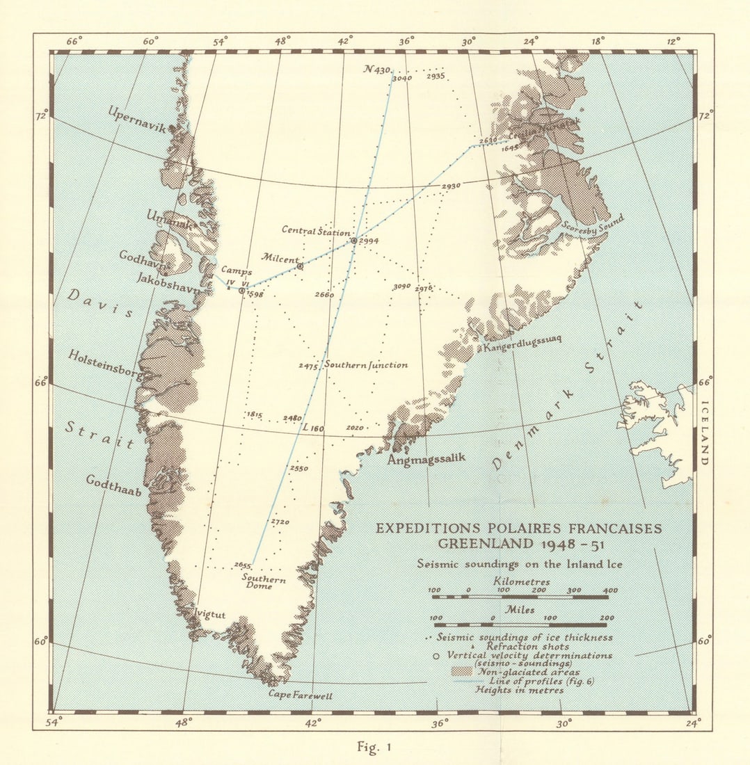 Expeditions Polaires Francaises Greenland 1948-51. RGS 1954 old vintage map (1 of 1)
