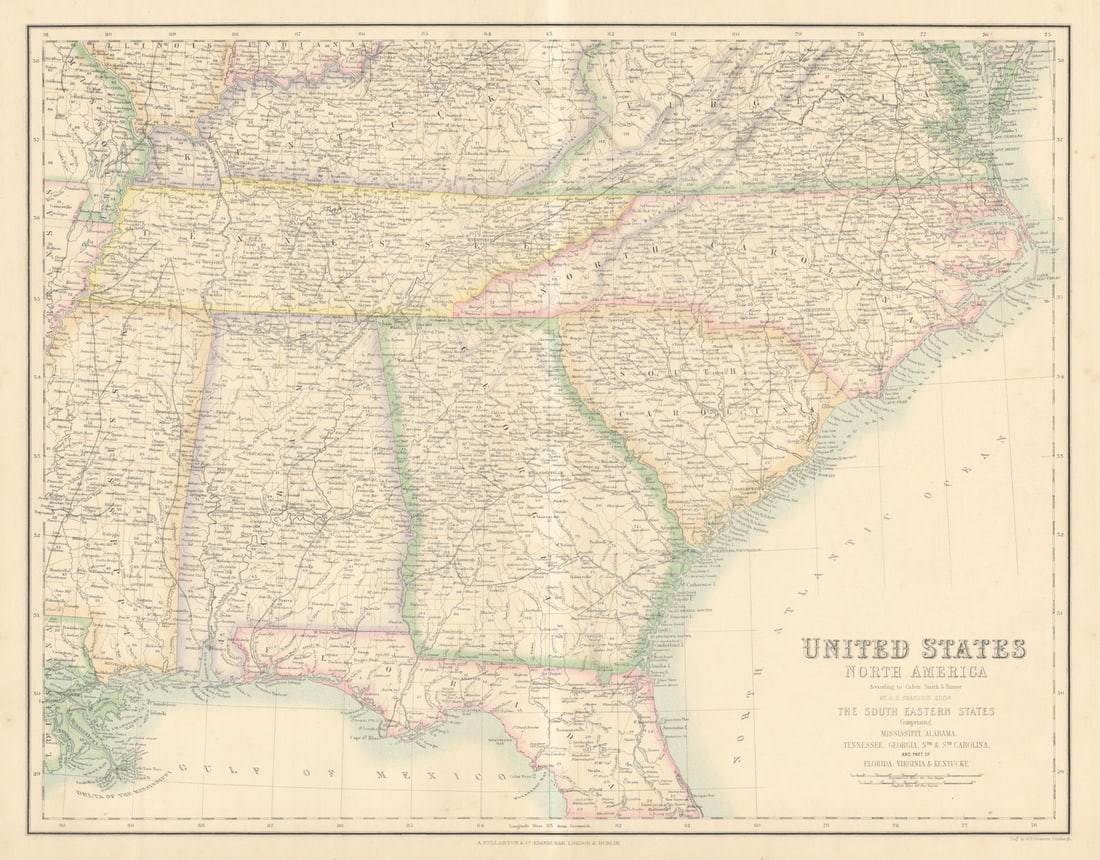 United States South East. Alabama Tennessee Georgia Carolinas c1863 old map: Title: United States South East. Alabama Tennessee Georgia Carolinas c1863 old map Description: United States of North America According to Calvin Smith & Tanner. The South-Eastern States Comprisi