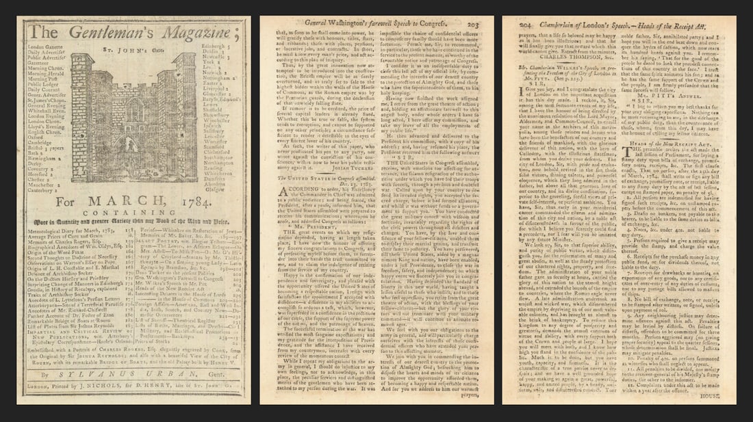 George Washington's Farewell Speech to Congress as C-in-C in the Gents Mag 1784 (1 of 1)