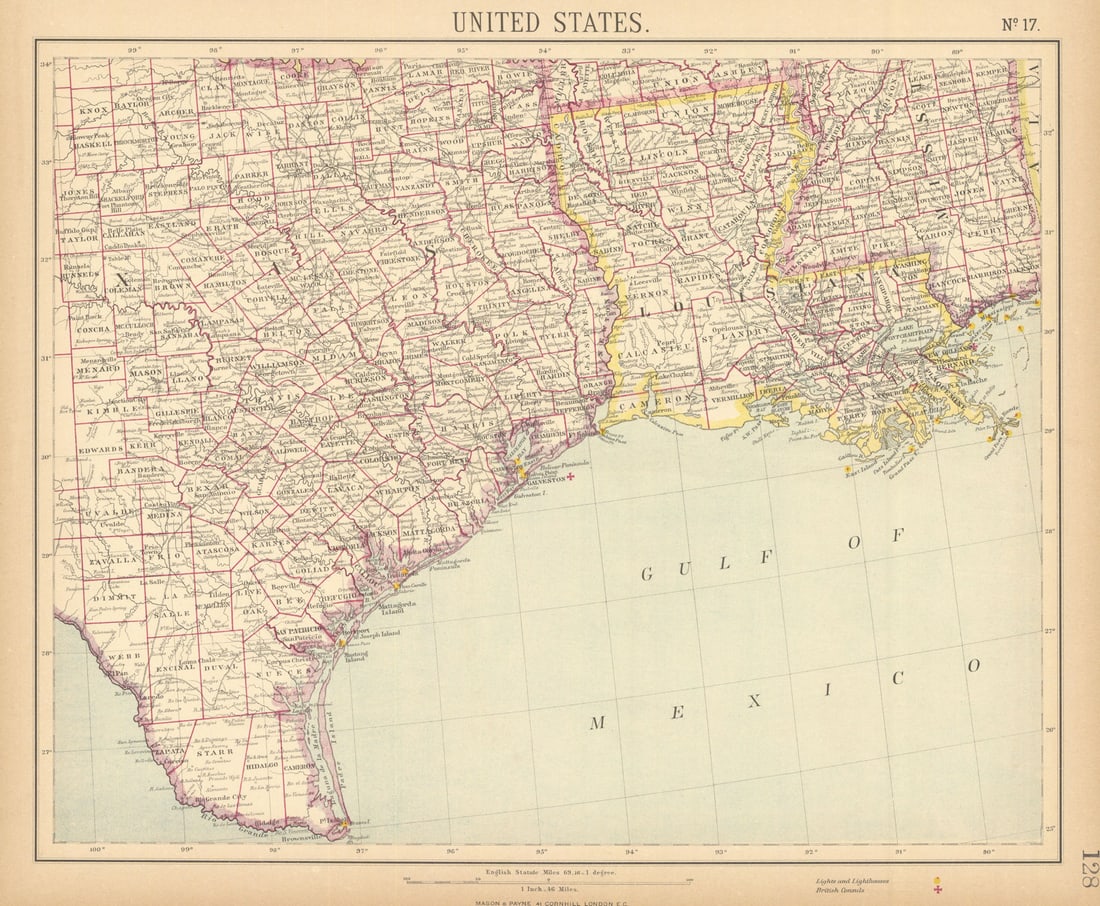 US GULF COAST. Texas Louisiana Mississippi. Lighthouses Consuls. LETTS 1892 map (1 of 1)