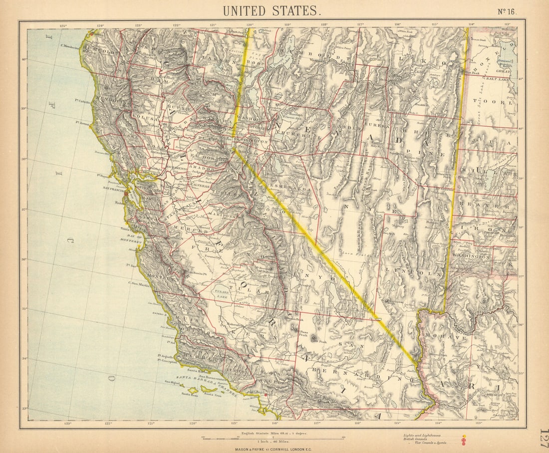 CALIFORNIA & NEVADA. Los Angeles San Francisco. Lighthouses. LETTS 1892 map (1 of 1)
