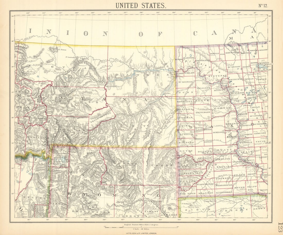 ROCKY MOUNTAINS. Montana Wyoming. Dakota Territory. LETTS 1892 old antique map (1 of 1)