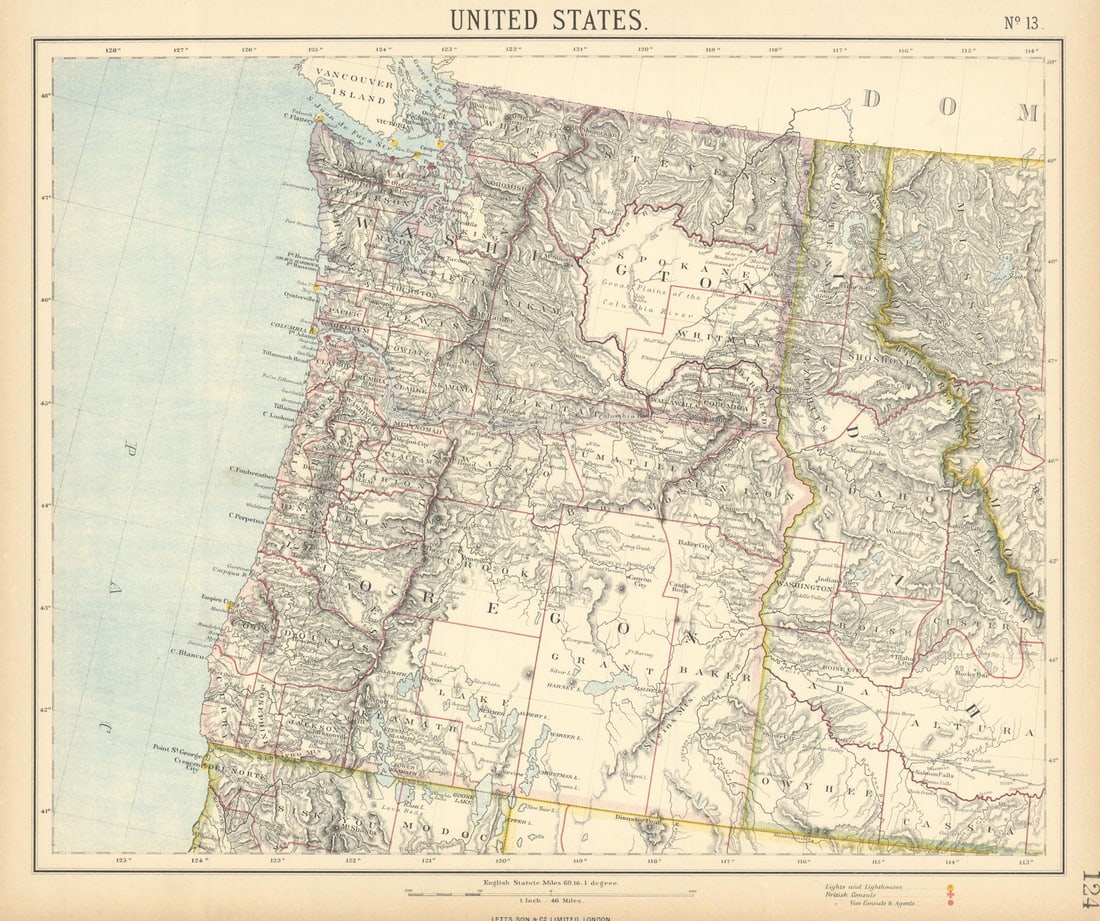 PACIFIC NORTHWEST. Oregon Washington State Idaho. Railroads. LETTS 1892 map: Title: PACIFIC NORTHWEST. Oregon Washington State Idaho. Railroads. LETTS 1892 map Description: United States No 13'. Published by George Gill & Sons. Most of the plates used for this atlas were