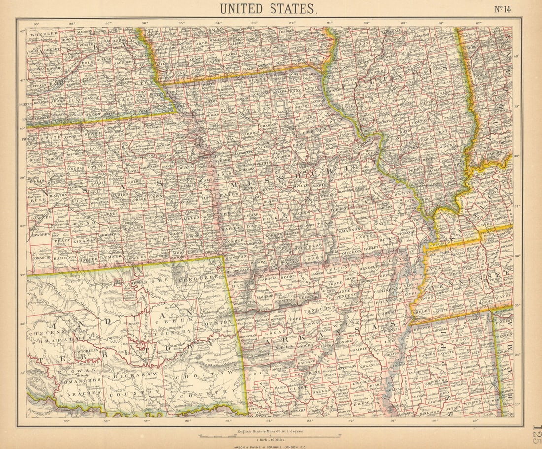 MISSOURI IL AR. INDIAN TERRITORY native American tribal reserves. LETTS 1892 map (1 of 1)