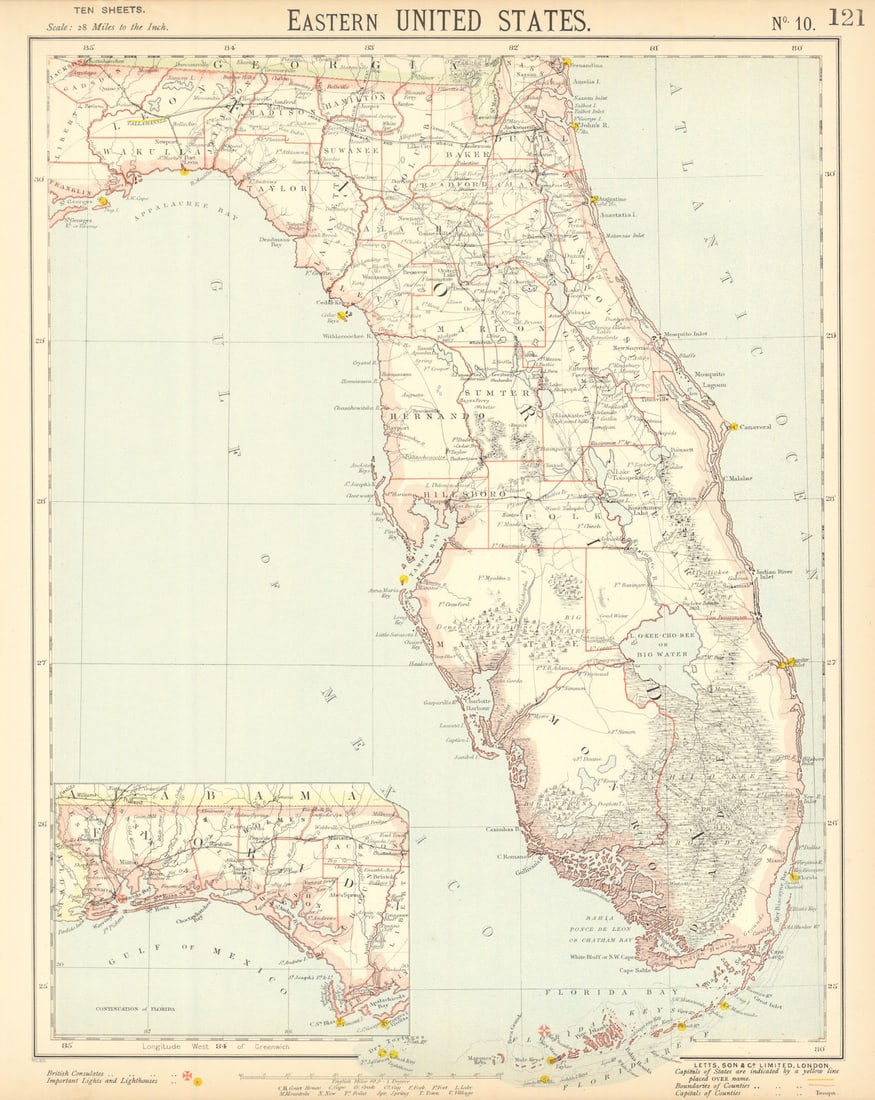 FLORIDA showing railroads lighthouses forts. Miami Tampa. LETTS 1892 old map (1 of 1)