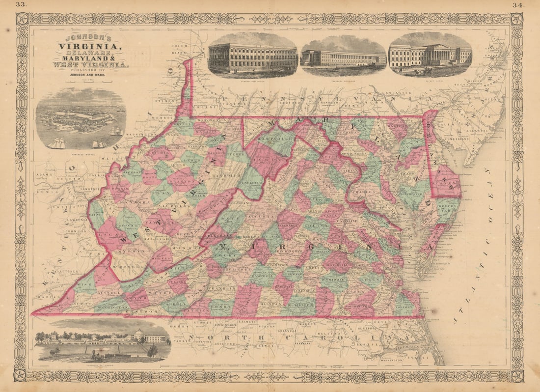 Johnson's Virginia, Delaware, Maryland & West Virginia. Counties 1865 old map (1 of 1)