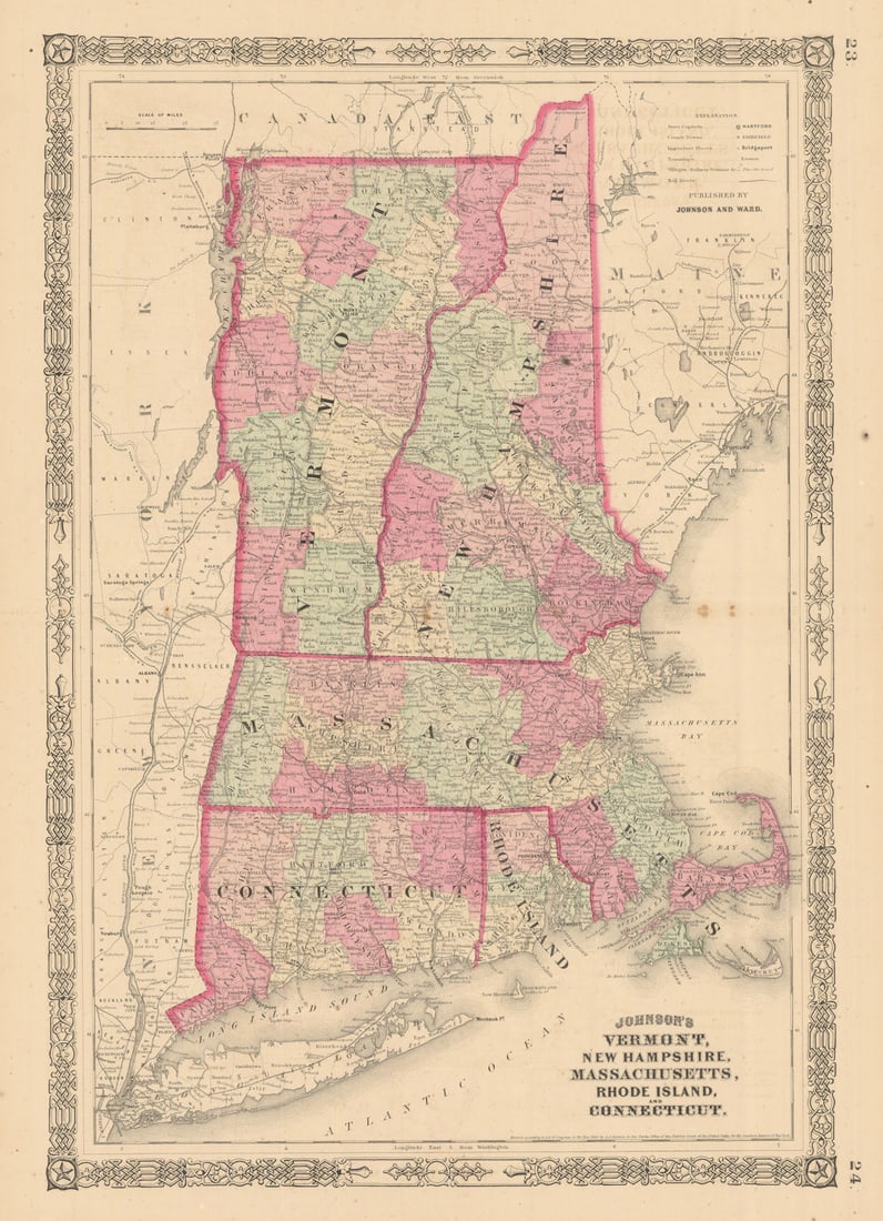 Johnson's Vermont New Hampshire Massachusetts Rhode Island Connecticut 1865 map (1 of 1)