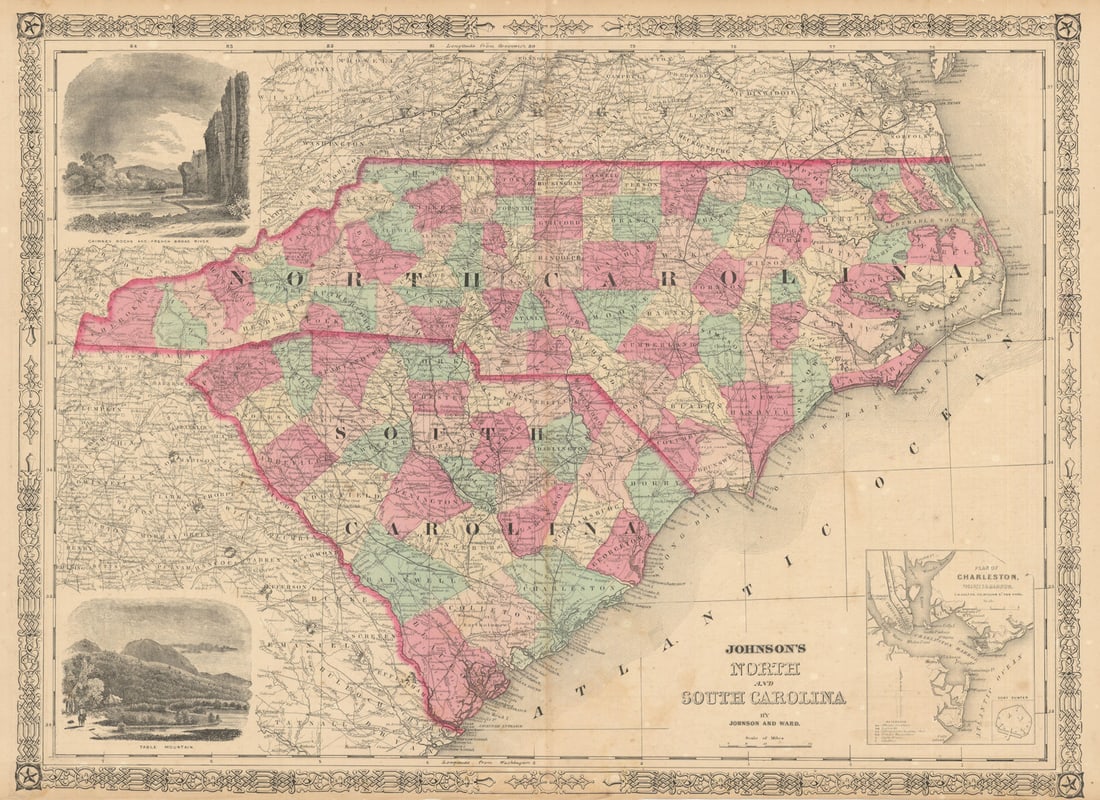 Johnson's North & South Carolina showing counties. Charleston 1865 old map (1 of 1)