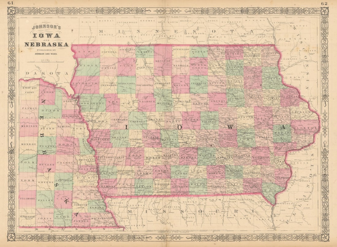 Johnson's Iowa & Nebraska. US state map showing counties 1865 old antique (1 of 1)