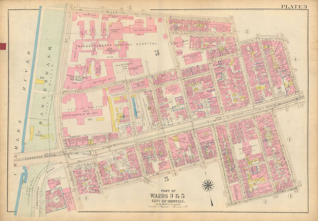 Boston #3 West End / Beacon Hill. MGH / Charlesbank. BROMLEY 1928 old map: Title: Boston #3 West End / Beacon Hill. MGH / Charlesbank. BROMLEY 1928 old map Description: Plate 3 - Part of Wards 3 and 5 - City of Boston [West End / Beacon Hill]. This map was prepared for fire