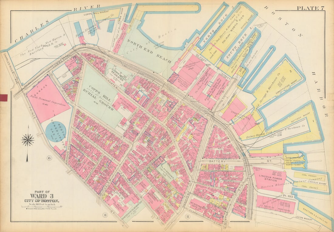 Boston #7 North End west. Waterfront & wharves. Copps Hill. BROMLEY 1928 map: Title: Boston #7 North End west. Waterfront & wharves. Copps Hill. BROMLEY 1928 map Description: Plate 7 - Part of Ward 3 - City of Boston [North End (waterfront)]. This map was prepared for fire